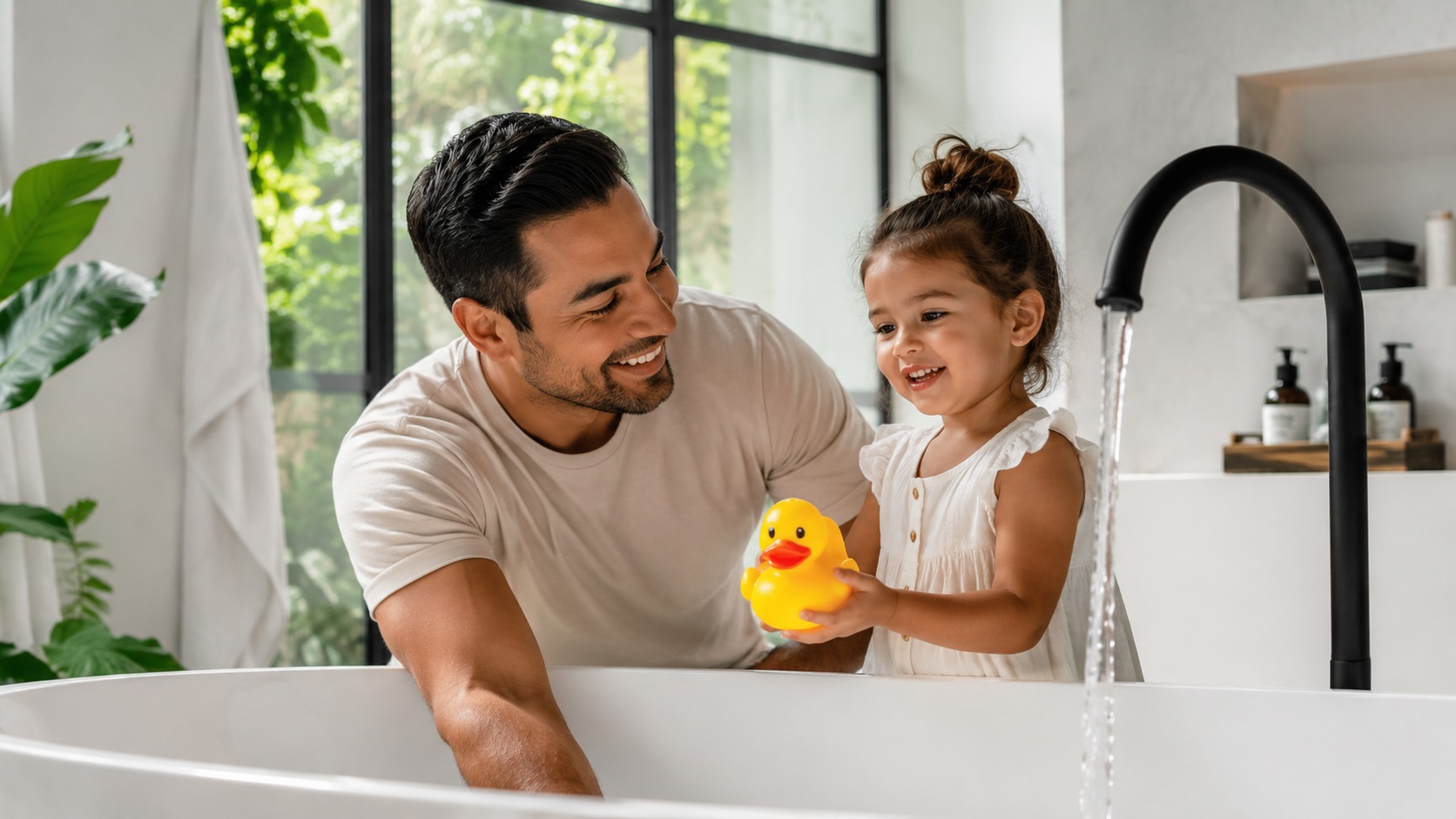 Father and daughter enjoying pure water at bath time
