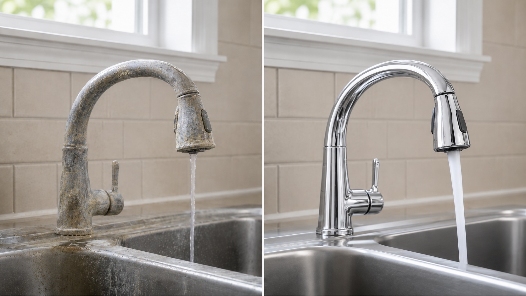 Hard water scale buildup on a faucet compared with a clean faucet after Water Made Better softening