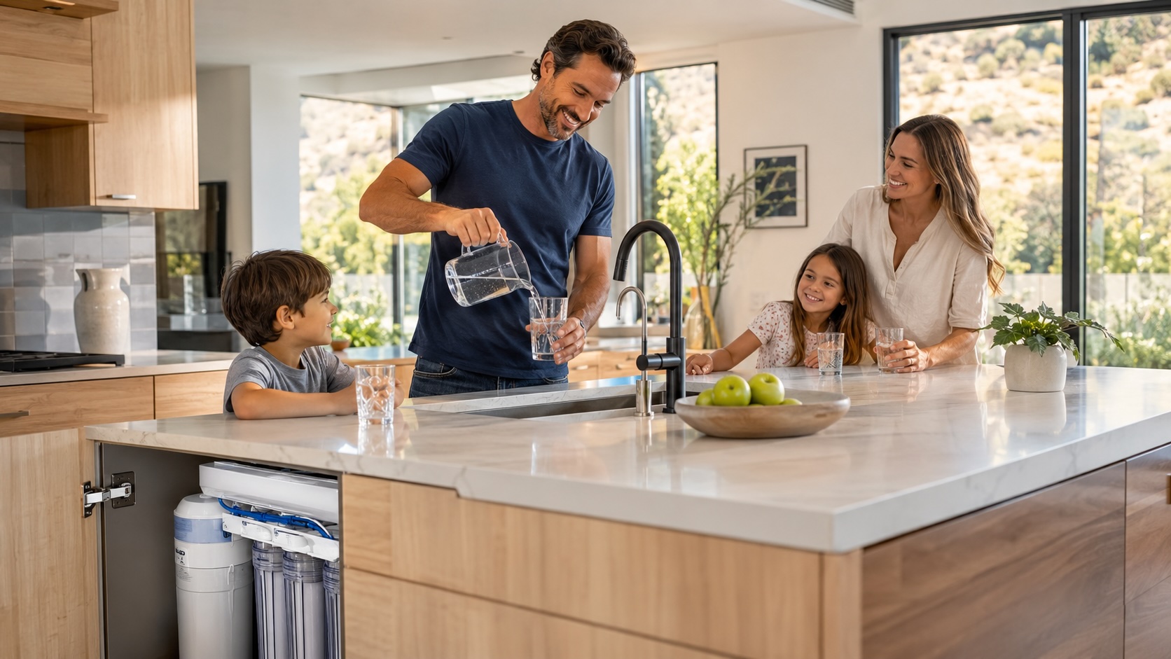 Family enjoying clean filtered water in a modern Southern California kitchen