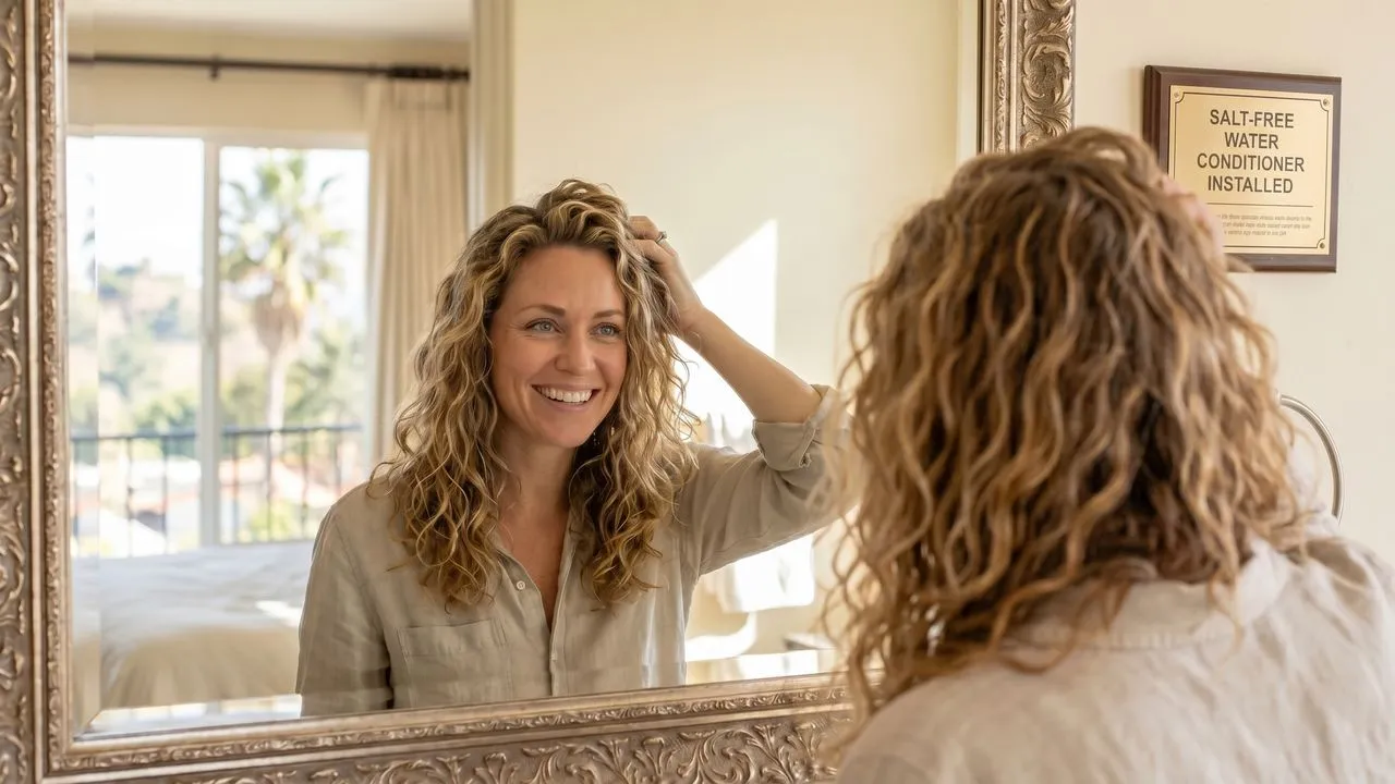 Woman with hydrated, soft hair in front of a mirror