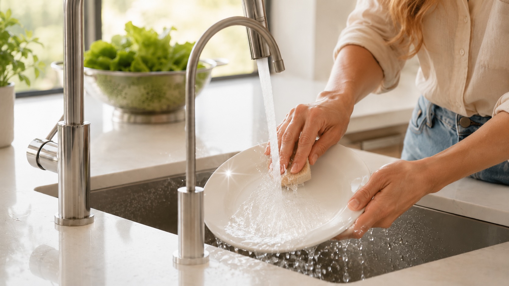 Sparkling clean dishes washed in softened water