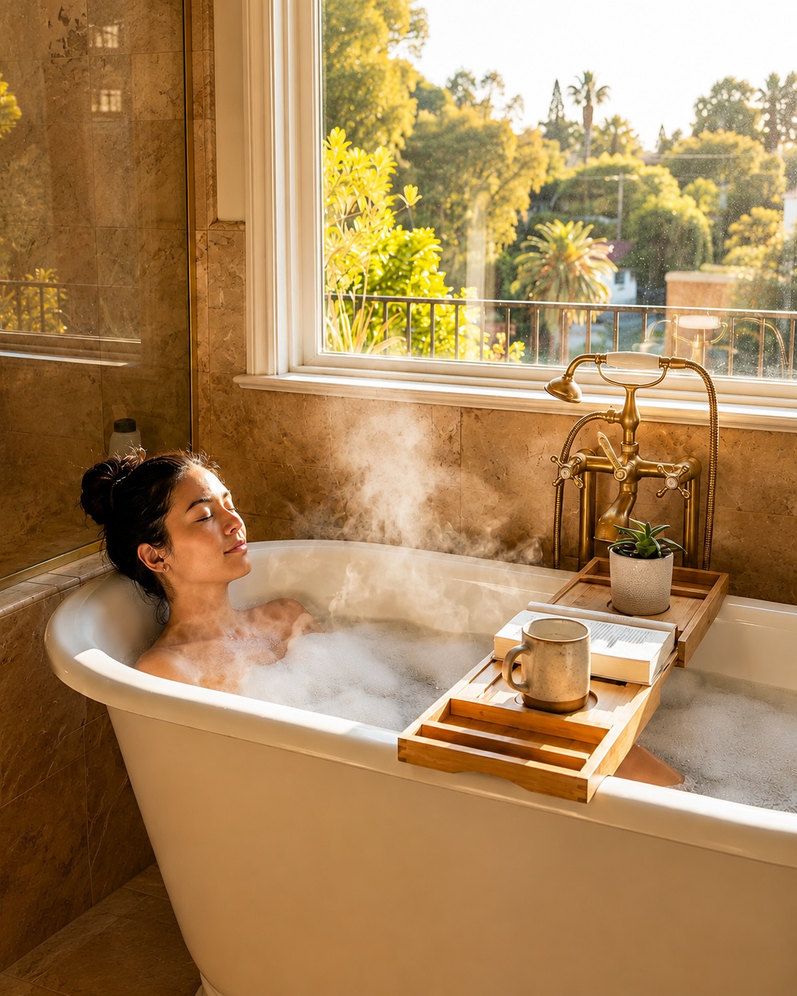 Woman relaxing in a luxurious bath softened by Water Made Better