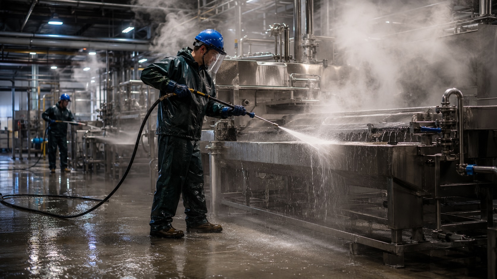 Manufacturing worker cleaning industrial equipment with high-pressure water spray