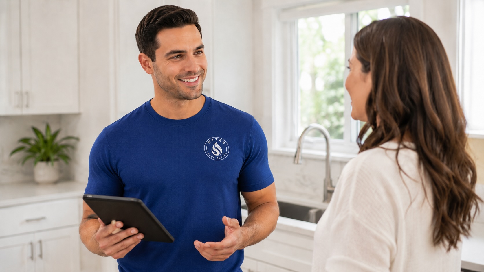 Water Made Better plumbing specialist consulting with a homeowner in a bright modern kitchen