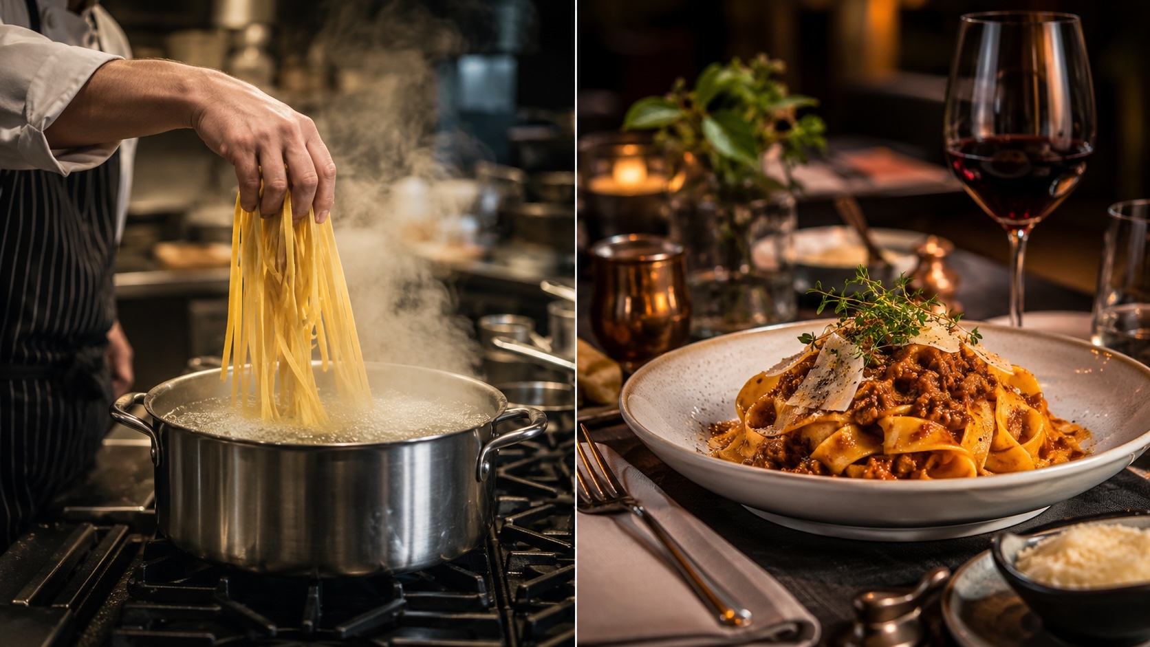 Chef cooking fresh pasta in a professional kitchen alongside the finished dish at table