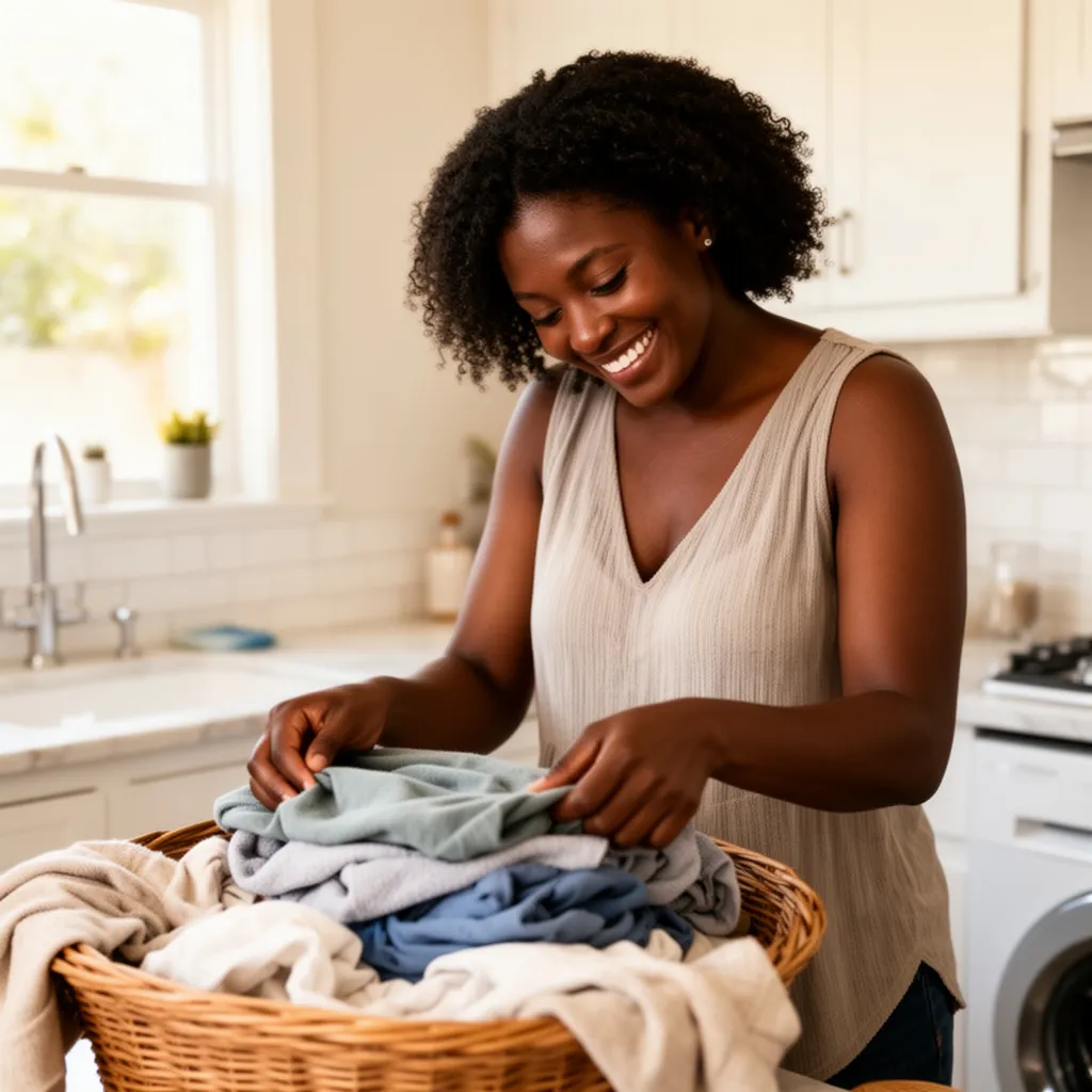 Woman holding a basket of fresh, soft laundry