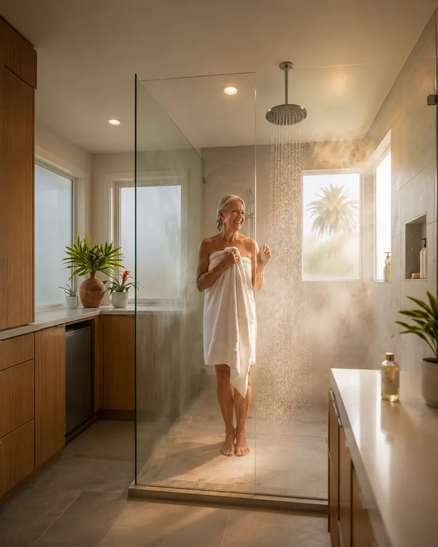 Woman enjoying a warm shower