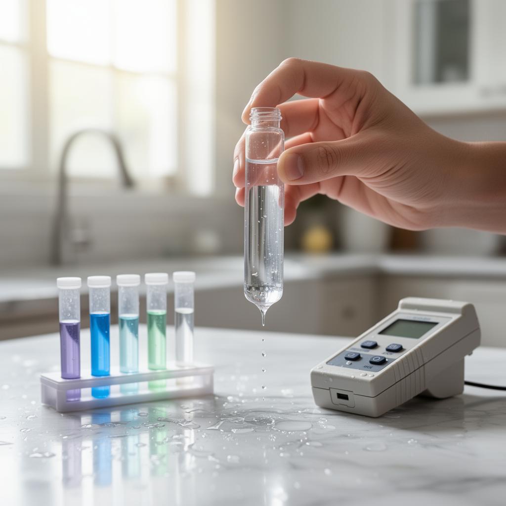 Lab-grade water quality test with vials and a digital meter on a kitchen counter